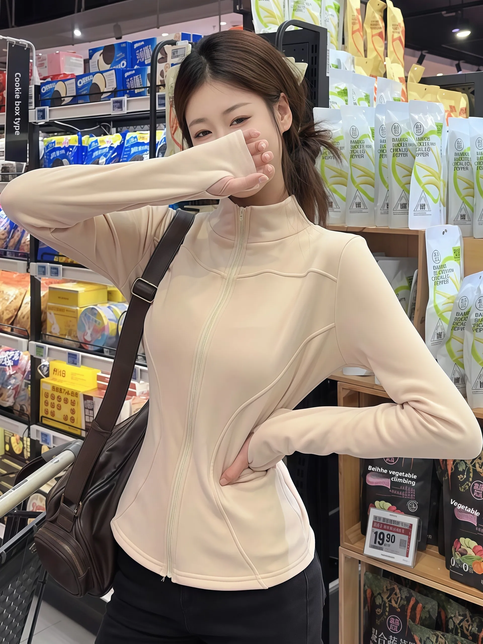 

Женский приталенный топ с воротником-стойкой на подкладке Fce Long Sve Jaet, спортивный топ для йоги, одежда для бега, осень-зима, термоизол...