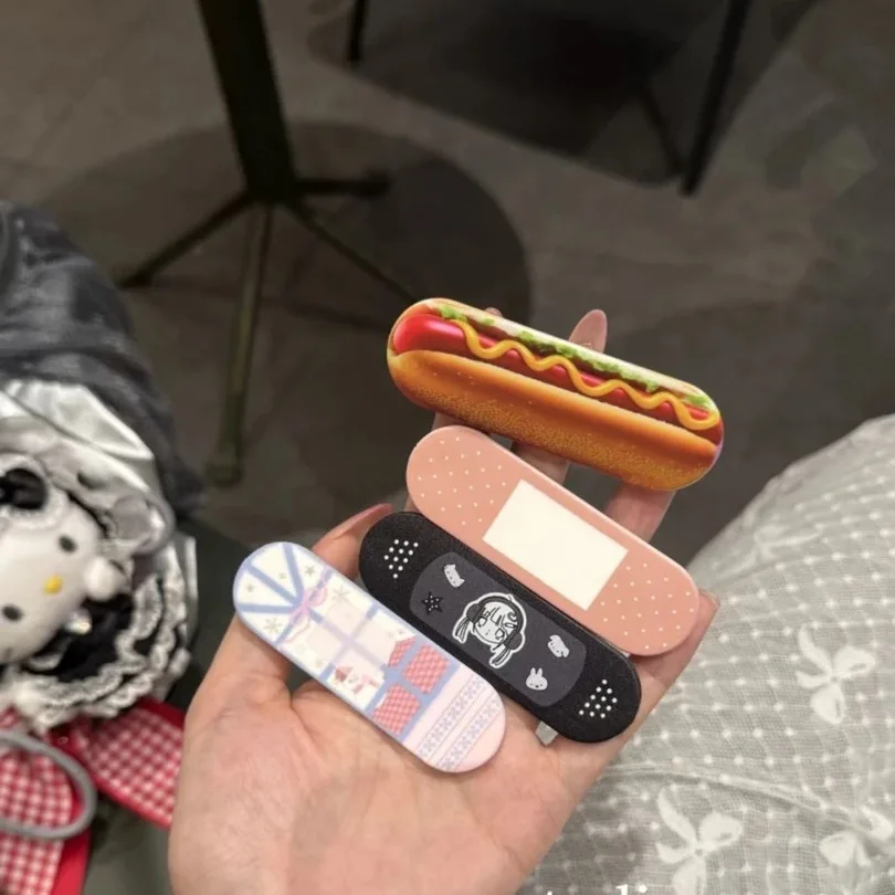 Cute Bandage Hot Dog Push-Pull Phone Grip Holder Adhesive Sliding Creative Phone Stand Anti-Drop Finger Strap for Cell Mobile