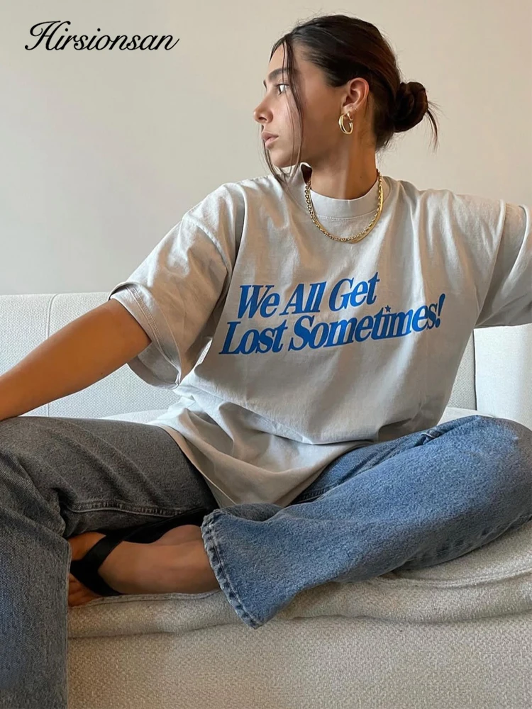 Hirsionsan Elegant Letter Pint T Shirts for Women 2023 Summer Oversized All-match Tees Female Casual Cotton Short Sleeve Tops