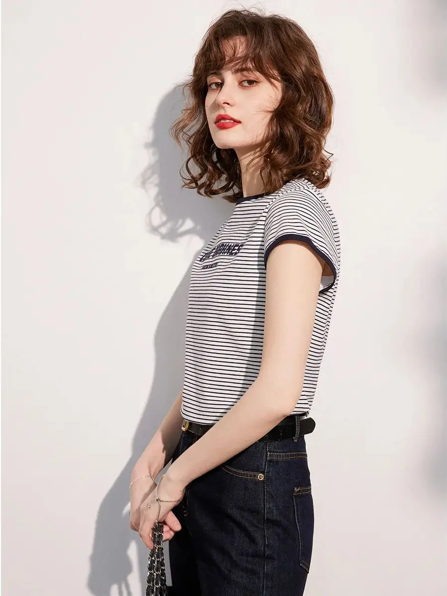 LOUIS YAO Women T-shirt 2024 Summer Stripe Tee Round Neck Short Sleeve Print Letter Casual Basic Pullover Top