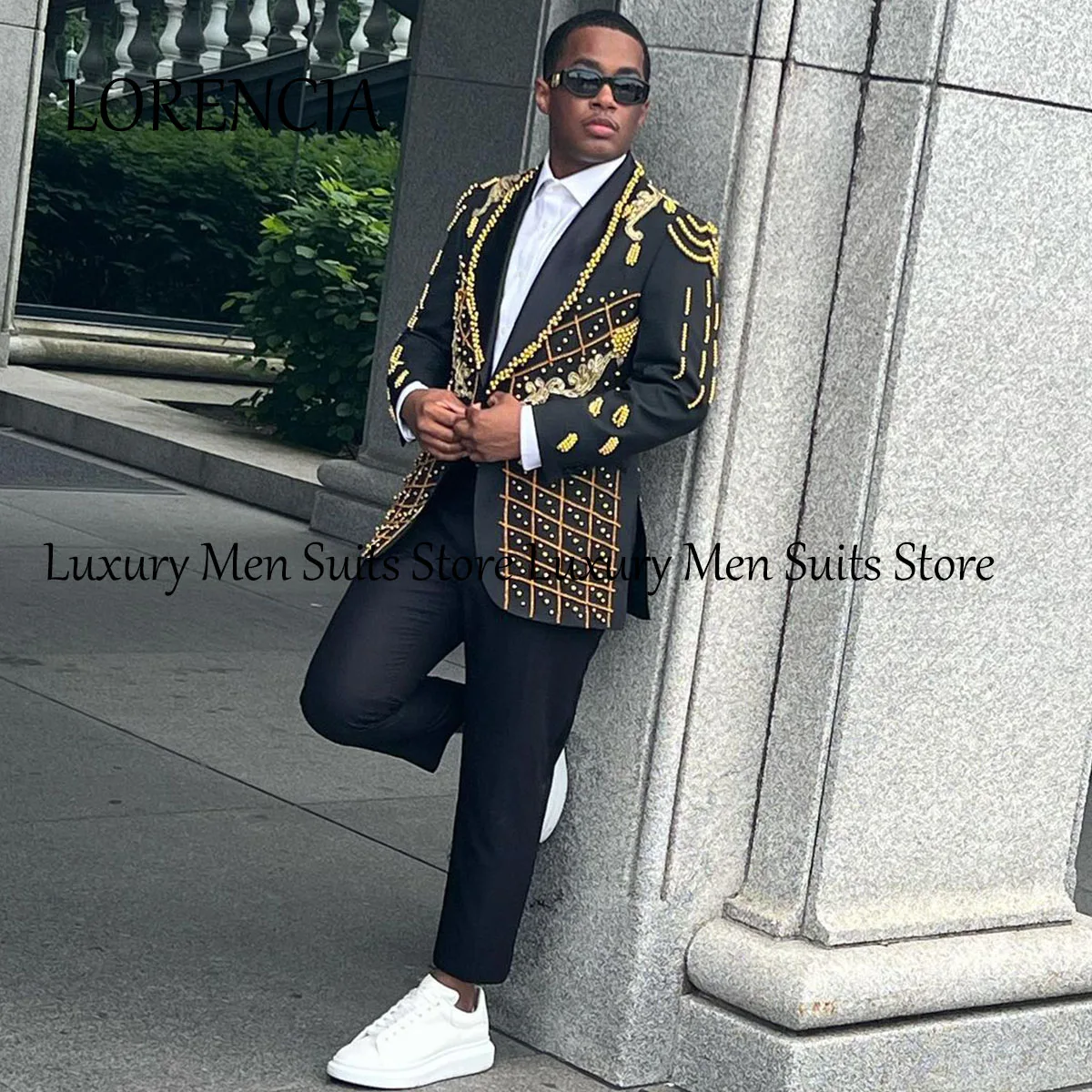 

Luxury Metal Embellished Men Suits Formal 2 Pieces Sets Male Dinner Prom Blazers Jacquard Groom Tuxedos Slim Fit Costume Homme