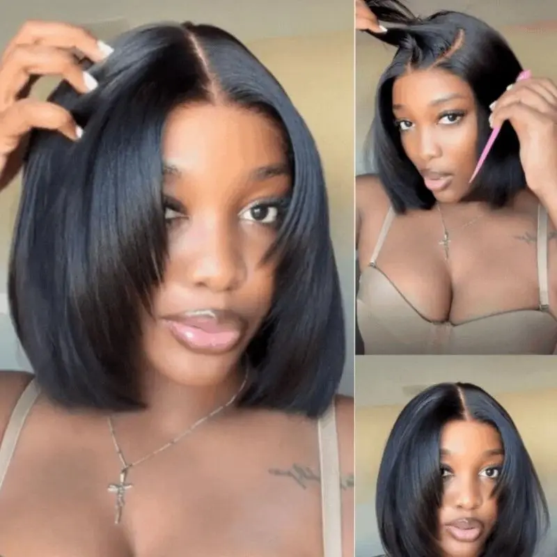 Klaiyi 7×5 Lace Closure Glueless 180% Density Yaki Bob Wig Put On & Go Wig Breathable Cap With Flexible Drawstring