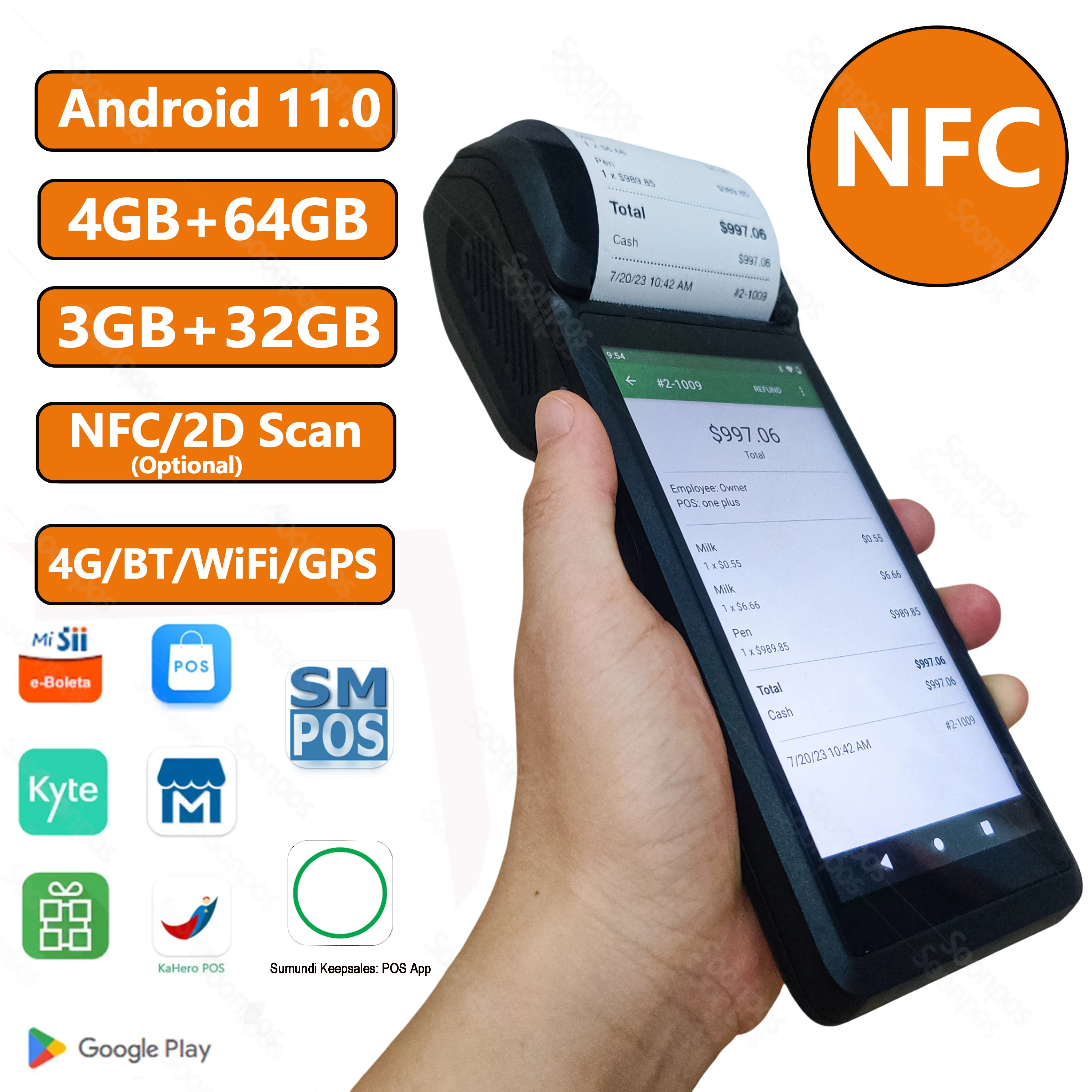 Soonpos 4+64GB Android 11 Handheld POS Terminal 58mm Thermal Receipt Bill Printer Mobile POS PDA 4G Bluetooth WiFi GPS 2D NFC