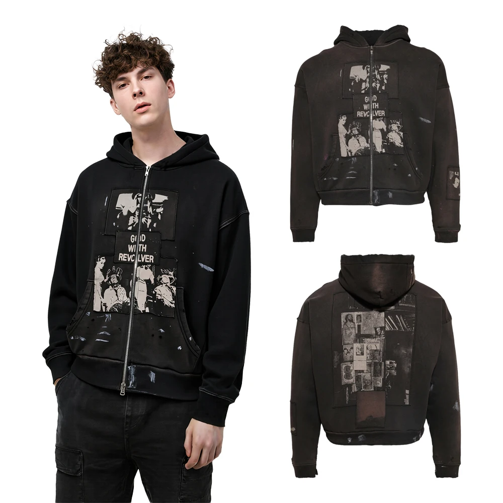 Y2k Streetwear Zip Up Hoodies with Subculture Print Patchwork Hip Hop Street Style Heavy Weight Cotton Distressed Casual Hoodies