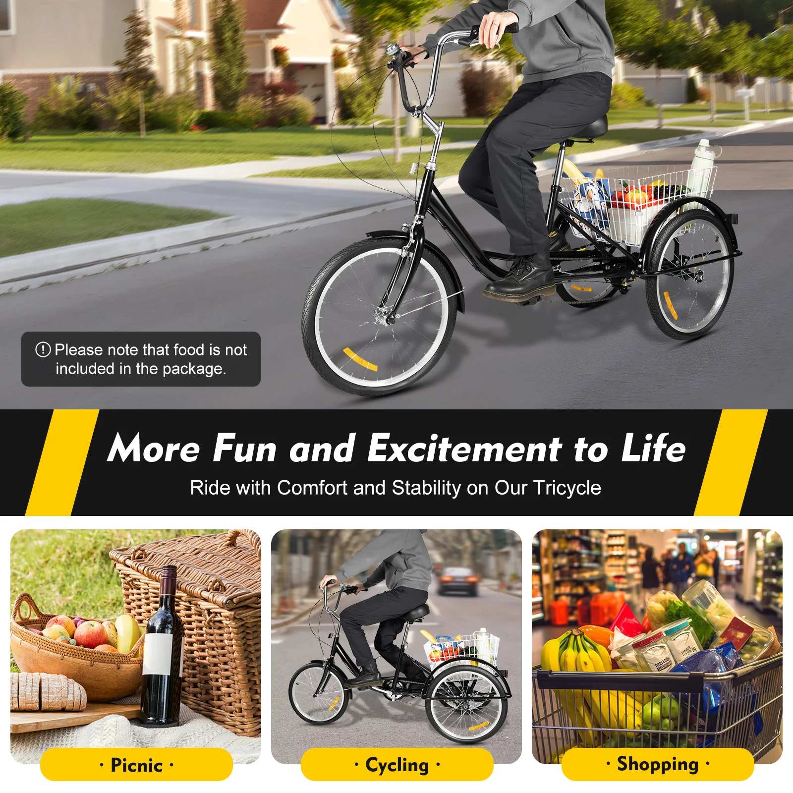 20 Inch  8-Speed Adult Tricycle 3-Wheel Biked Trike Bicycle with Shopping Basket for Entertainment Shopping or Exercise