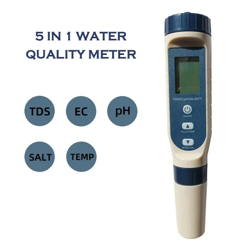 5 In 1 Water Quality Checker Pen Type Temperature Ph Tds Conductivity EC Salt Meter