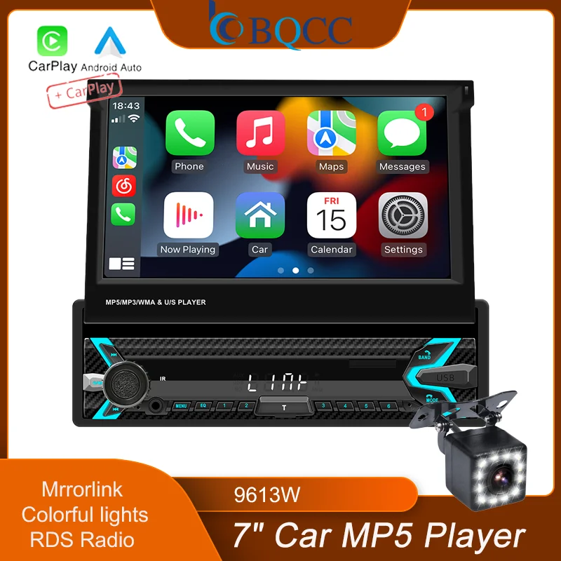 

BQCC 9613W 7" 1Din Car MP5 Player FM AM USB BT Car Radio Colorful lights RDS wireless Android AUTO/CarPlay Mirrorlink Car Stereo