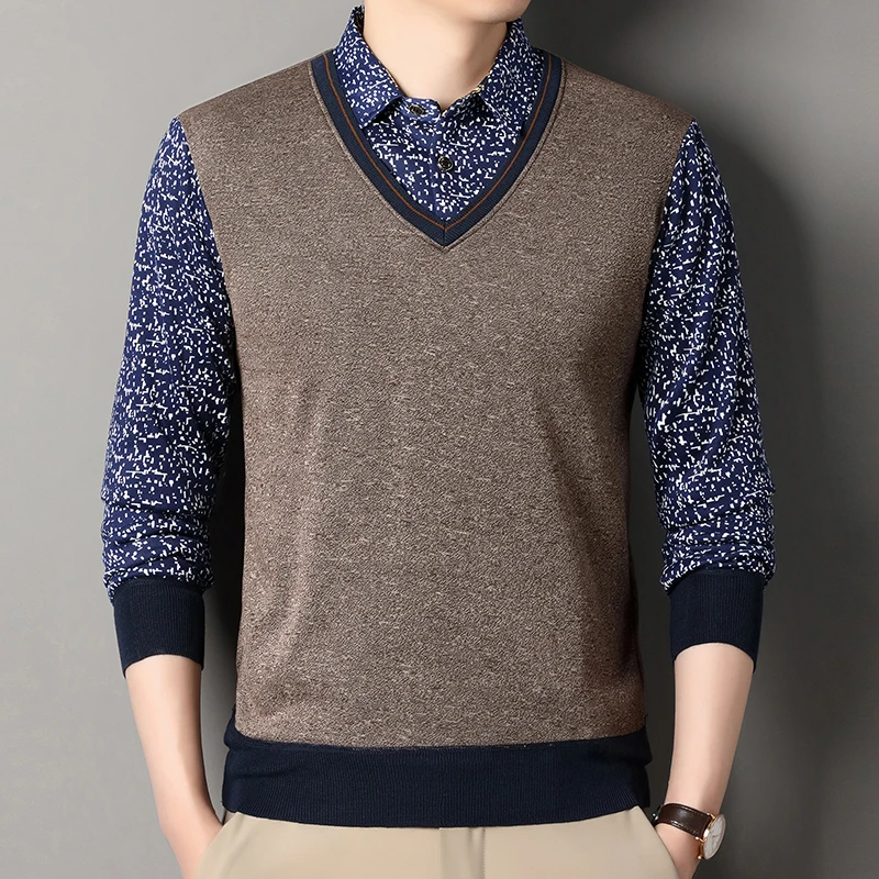 2025 الخريف الرجال الصوف معطف شتاء الرجال وهمية قطعتين بلوفر قطيفة قميص طوق سميكة محبوك سترة الذكور لاعبا غير رسمية