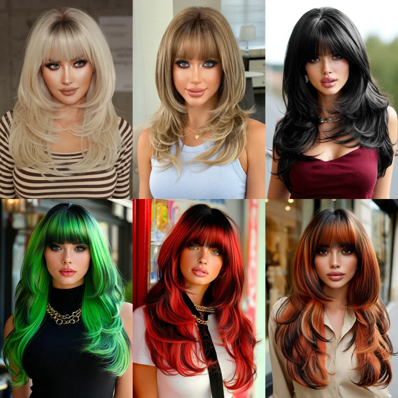 High-quality 24-inch platinum wig for women, European and American style, layered textured long hair with bangs, natural, heat-r