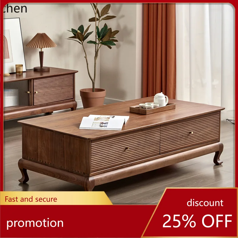 HXL Black Walnut Solid Wood Coffee Table Living Room Low Table Floor Standing Rectangular Tea Table