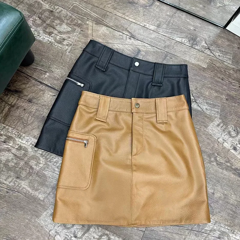 

2024 Fall New Sheep Leather Lychee Pattern Workwear Style Short Skirt Fashion Women High Waist Package Hip Real Leather Skirts