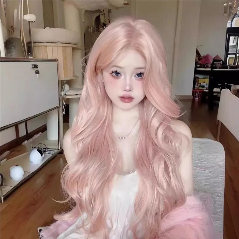 

Anime Wig Female Costumes Rose Pink Center Part Loose Wave Wavy Middle Part Full Cap Pastel Pink Long Wig with Side Bangs