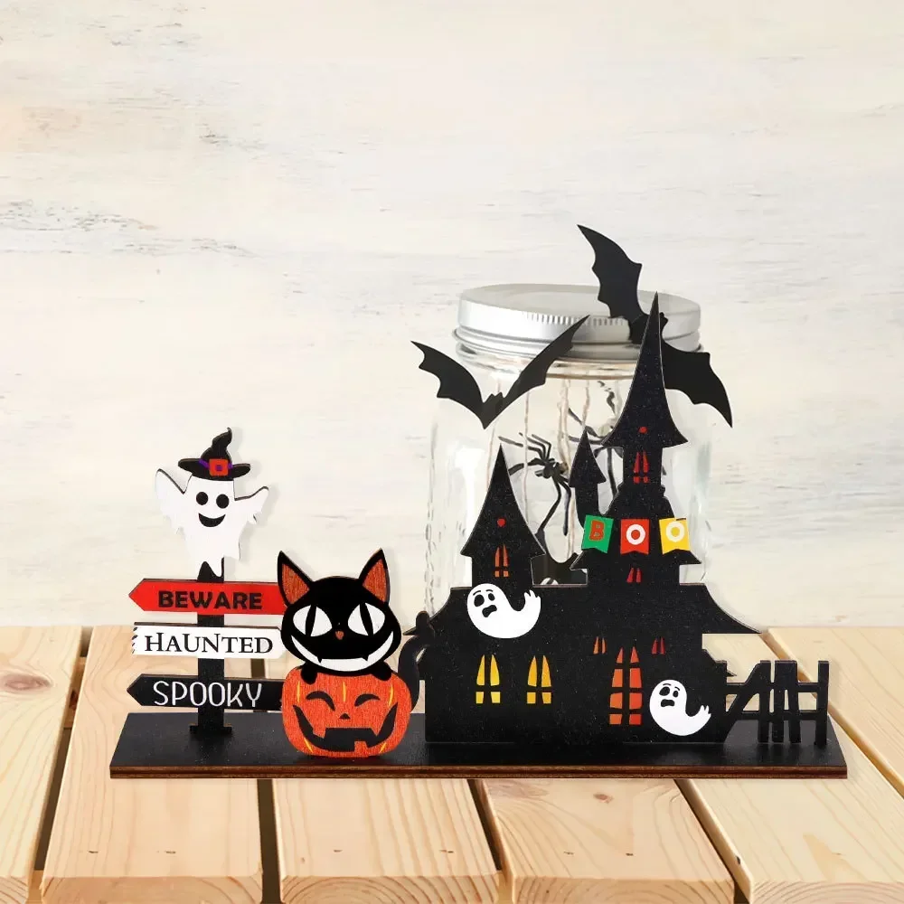 New Halloween Desktop Decorations Wooden Castle Ornaments Pumpkin Ghost Plaque Decoration Trick or Treat Happy Halloween Decor