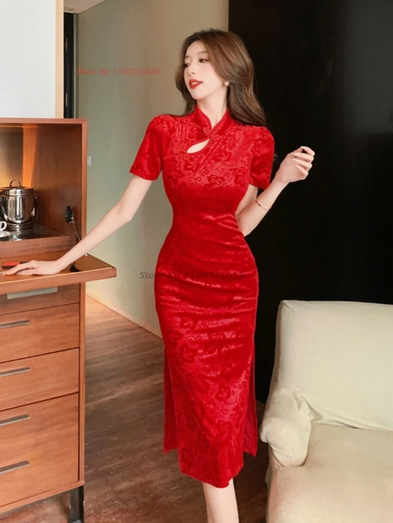 

2025 chinese improved cheongsam traditional velvet jacquard qipao retro sexy evening dress banquet qipao vintage nightclub dress