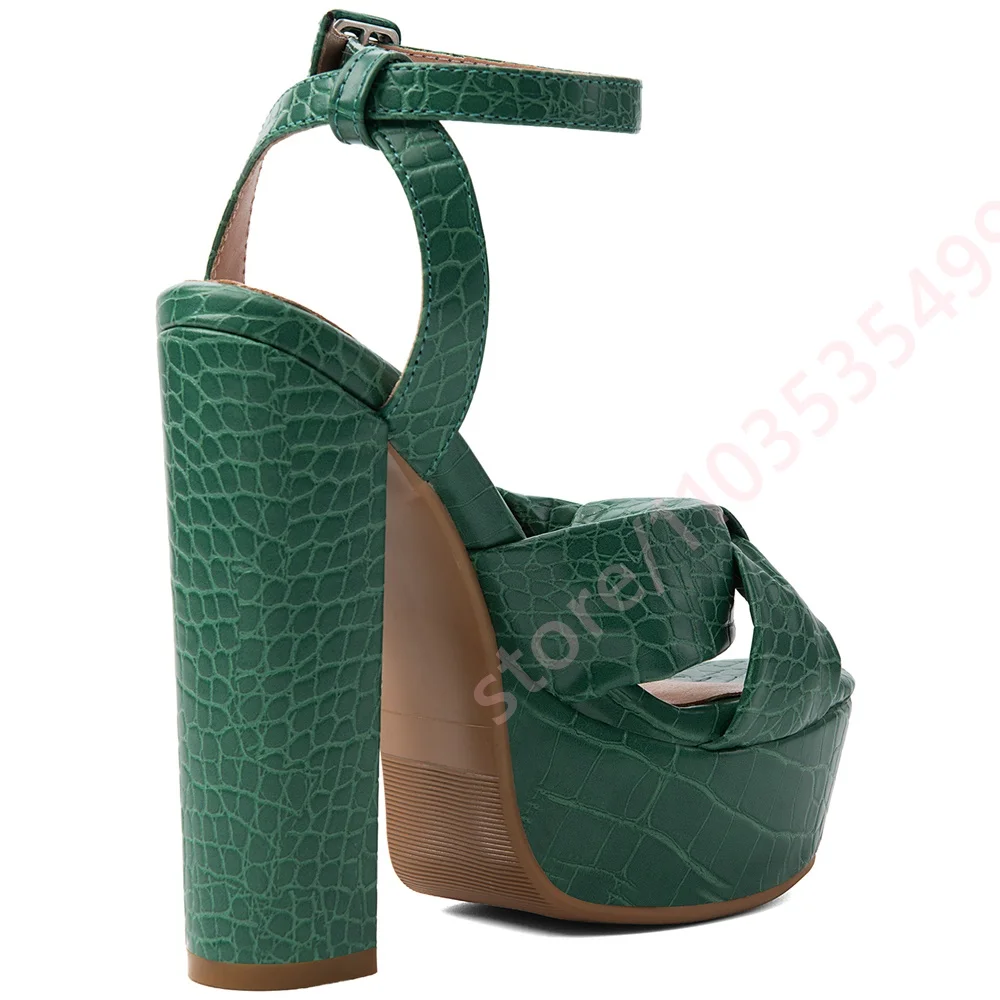 Women Green Crocodile Platform Sandals Knotted Bow Detail Ankle Strap Buckle Chunky Block High Heel Summer Party Dress Shoes