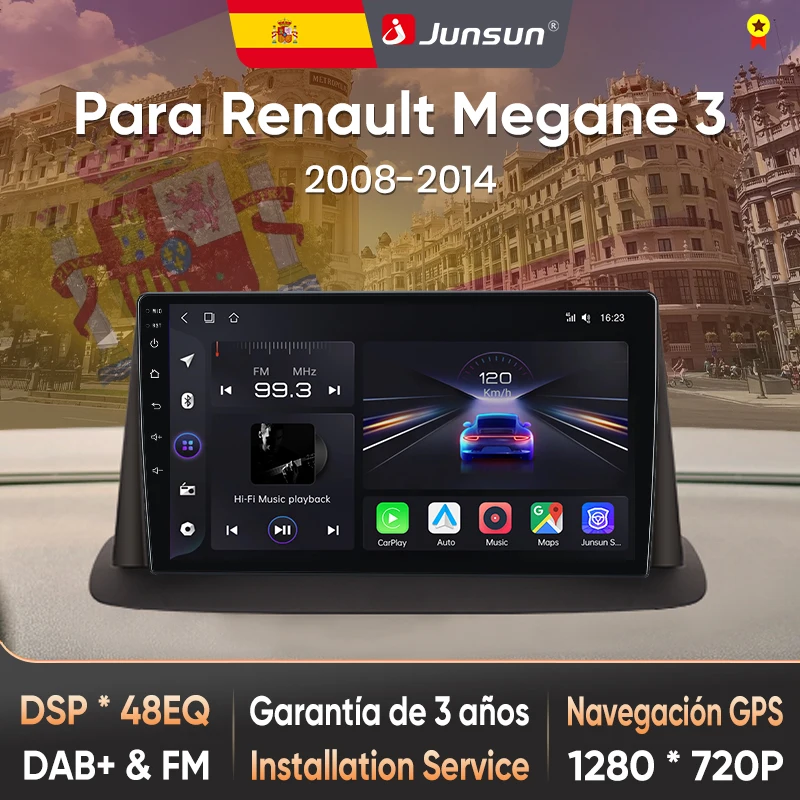 Autoradio Junsun pour Renault Megane 3 2008-2014, CarPlay sans fil, Android Auto, systèmes intelligents, écran tactile IPS/QLED, caméra 360, DSP, navigation GPS, WiFi, DAB+ RDS, FM/RAM, BT, SWC, Plug and Play, 2DIN, WiFi, 4G, stéréo multimédia