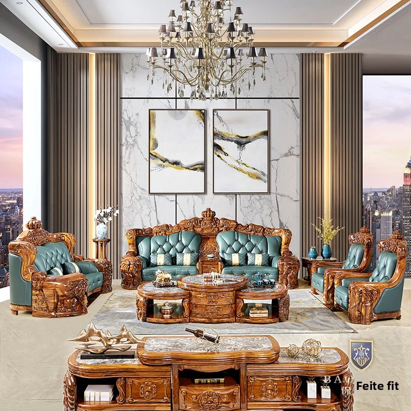 #European-Style Solid Wood Leather Sofa Set with Sponge Filled Cushions-Movable Large-Sized Luxury Villa Furniture