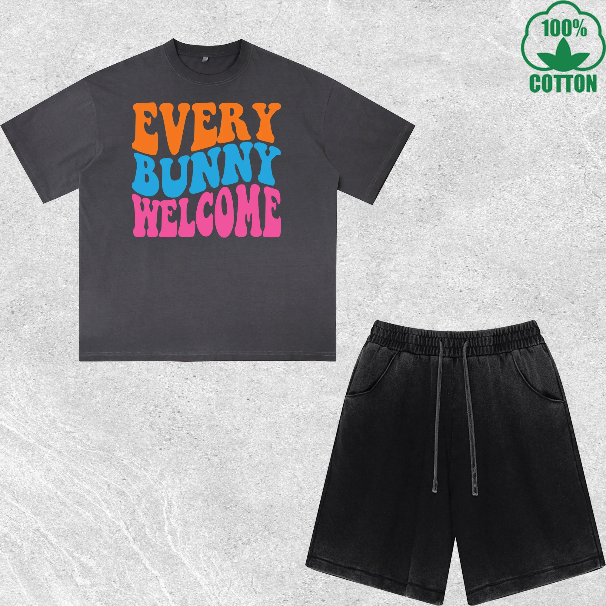 

Every Bunny Welcome Printed Dirty Wash T-Shirt Shorts Set Multicolor Combo Loose Trendy Fashionable 100%Cotton Short Value Pack