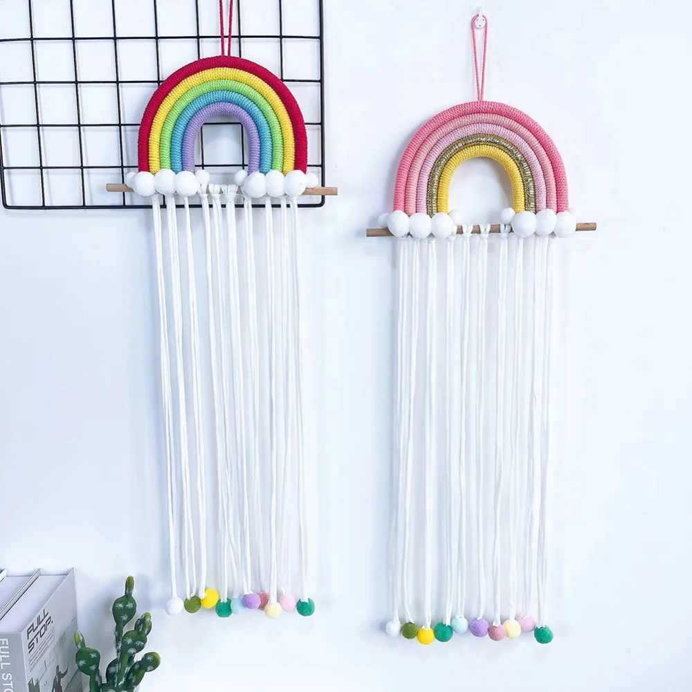 Rainbow Tassel wiatr kuranty wiszące uchwyt do kokardki do włosów Rainbow ręcznie tkane liny bawełniane dla dziecka pokój dziewczyn do kokardki do włosów s Holder