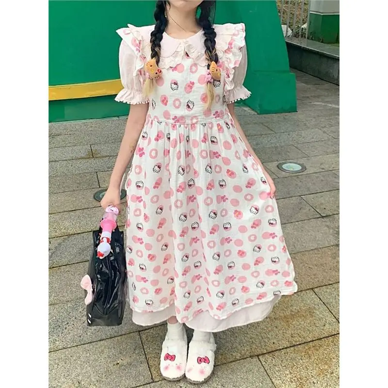 Cute Cartoon Hellokitty Cat Face Embroidery Slim White Sweet Pink Dress with Three-Dimensional Bow for Girl