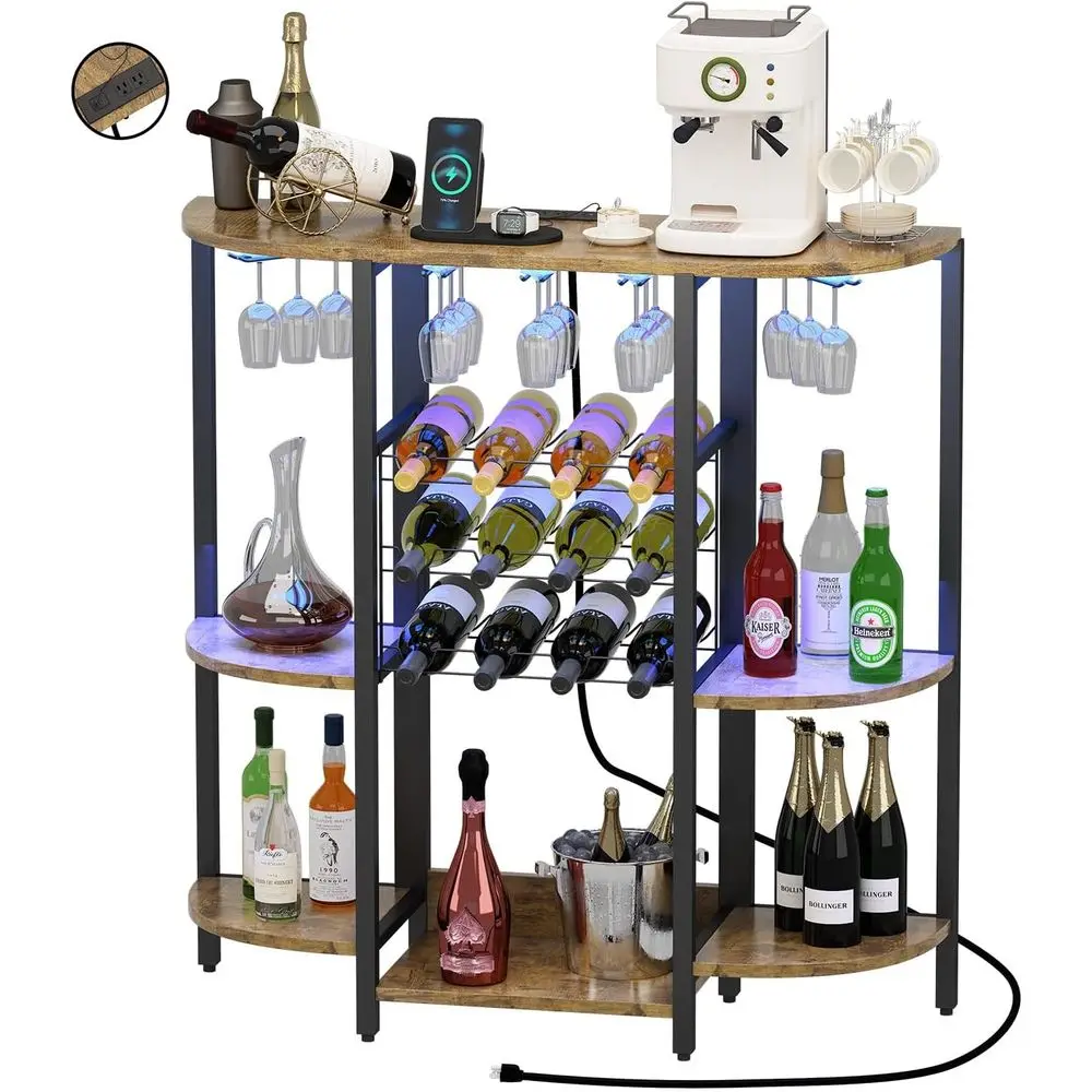 LED-Illuminated Freestanding Mini Bar with Outlets, Rustic Brown, for Kitchen & Dining, Holds Liquor, Coffee, Wine, and Glasses