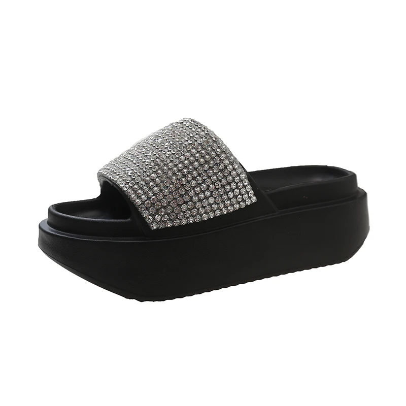 House Slippers Platform Glitter Slides Female Shoes Med Summer Clogs Woman Heeled Mules Jelly 2024 Beach Flat High Crystal PU Fa