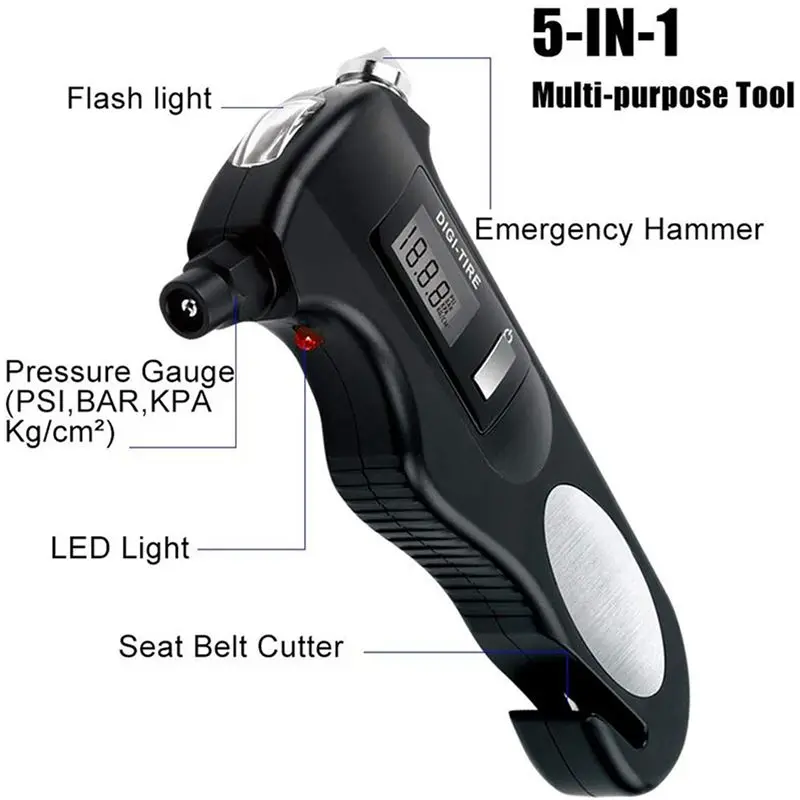 A84X-2X 5-In-1 Digital Tire Pressure Gauge,150PSI With Multi-Functional Rescue Tools Of LED Flashlight,Bottle Opener