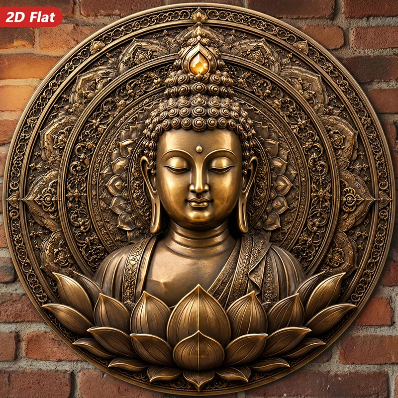 2D Flat, [2D Flat] 2D Flat Print 1pc Metal Iron Sign. Round Metl Sign Wll Rt, Buddh Portrit Home Decor, for Lotus Flower Design,