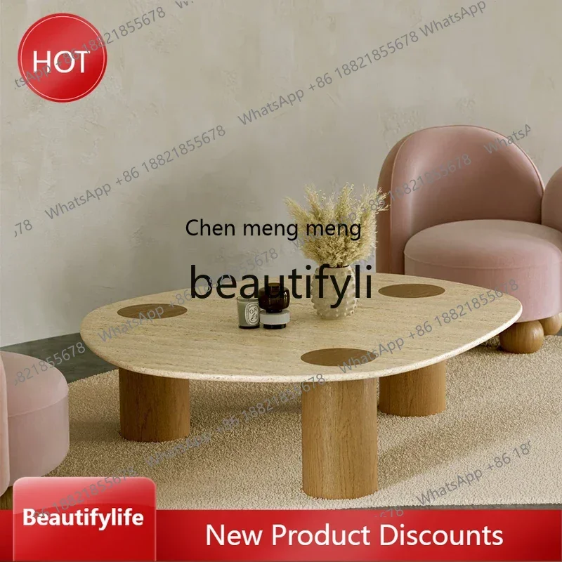 cn8350 ss Natural Travertine Coffee Table Small Apartment Living Room Home Irregular Coffee Table Wabi-Sabi Style Solid Wood Tea
