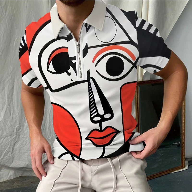 

Abstract pattern Polo Shirt for Men Hawaiian 3D Print Zipper Polo Short Sleeve Summer Shirt