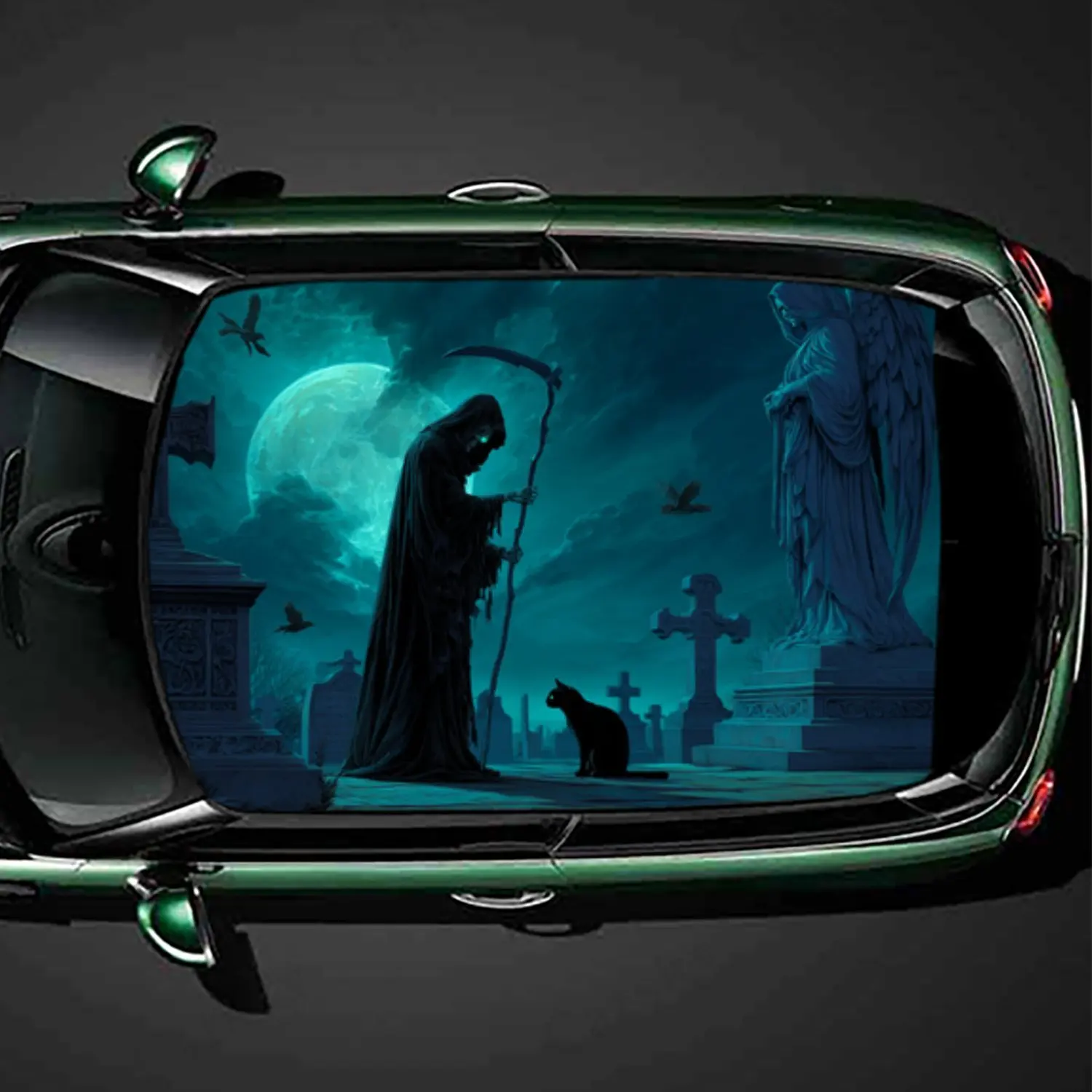 

Cemetery Night Shadows Reaper and Black Cat Car Roof Sticker, PVC Self-Adhesive Waterproof Car vinyl Decal, Car Decoration Prote
