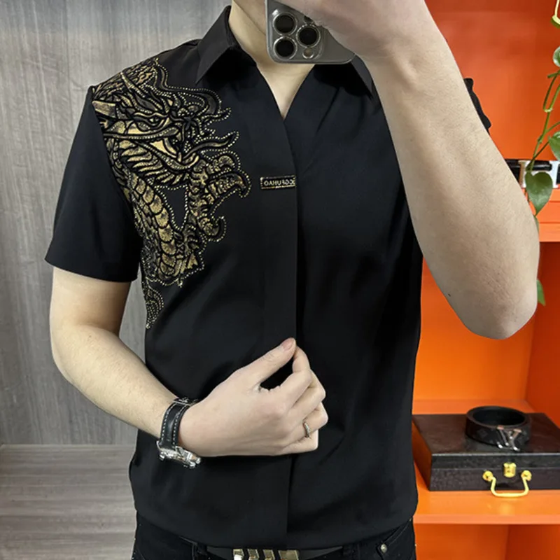 2024 Summer Fashion Chinese Loong Hot Drill Shirt Hawaiian Male Shirt Camicia Uomo Streetwear Shirt Short Sleeve Camisa Hombre