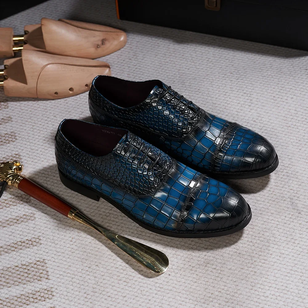 Zapatos Oxford de cuero genuino de lujo para hombre, puntera con patrón de cocodrilo, estampado de serpiente, con cordones, para oficina, boda, fiesta