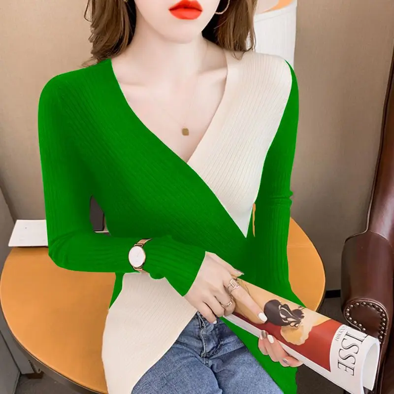 Fashion V-Neck Knitted Spliced Loose Irregular Sweater Women\'s Clothing 2022 Autumn New All-match Casual Pullovers CommuteTops