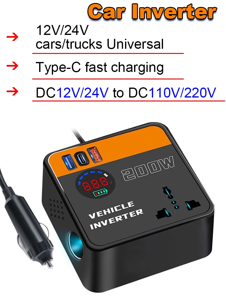 200W Peak Car Inverter DC12V/24V to DC110V/220V with LED Display Fast Charging Power Inverter Adapters for Vehicles 150W