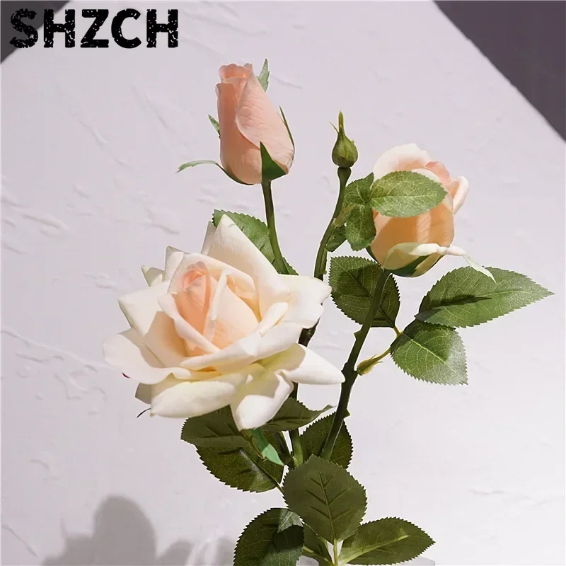 3Pcs Rose Real Touch Flowers Latex Moisturizing 3-head Artificial Wedding Decor Rose Flower Arrangement Party Home Accessories
