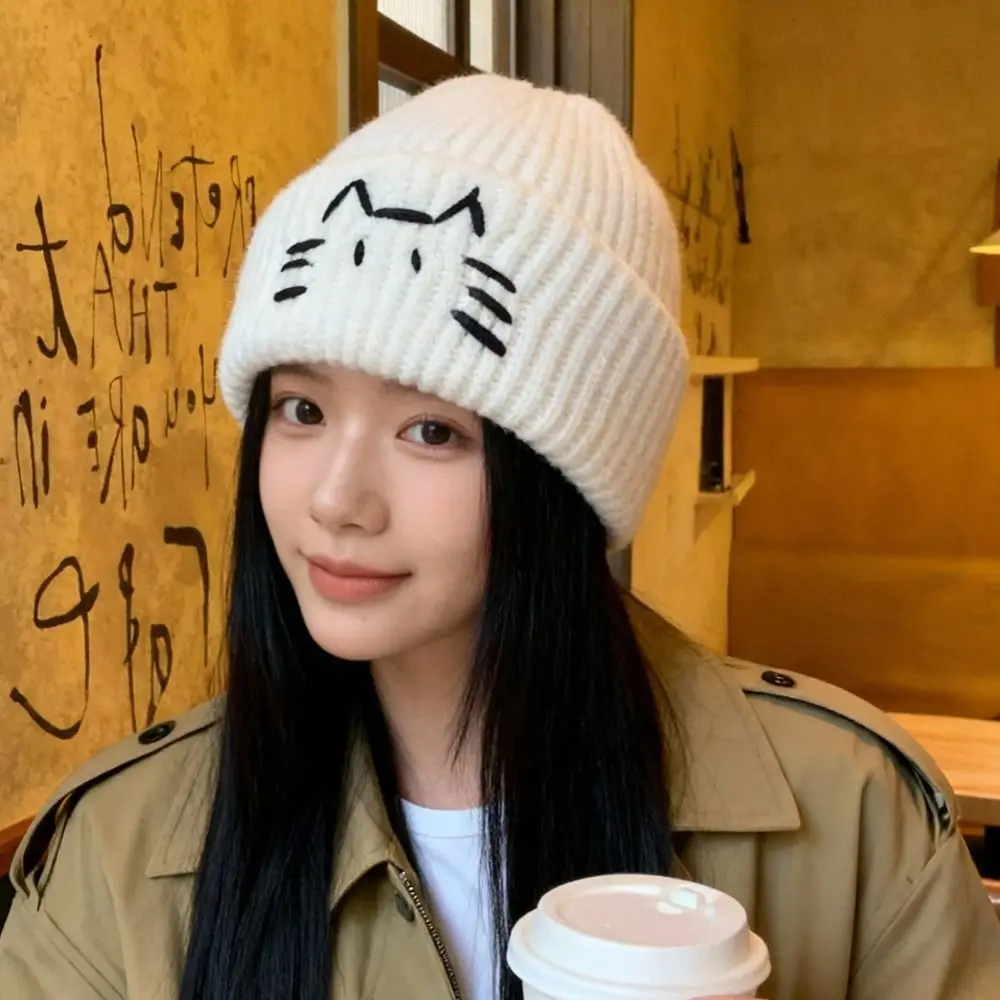 

Retro Embroidered Kitten Cute Cat Knitted Hat Wool Vintage Knit Beanies Warm Korean Printing Knit Cap Girls