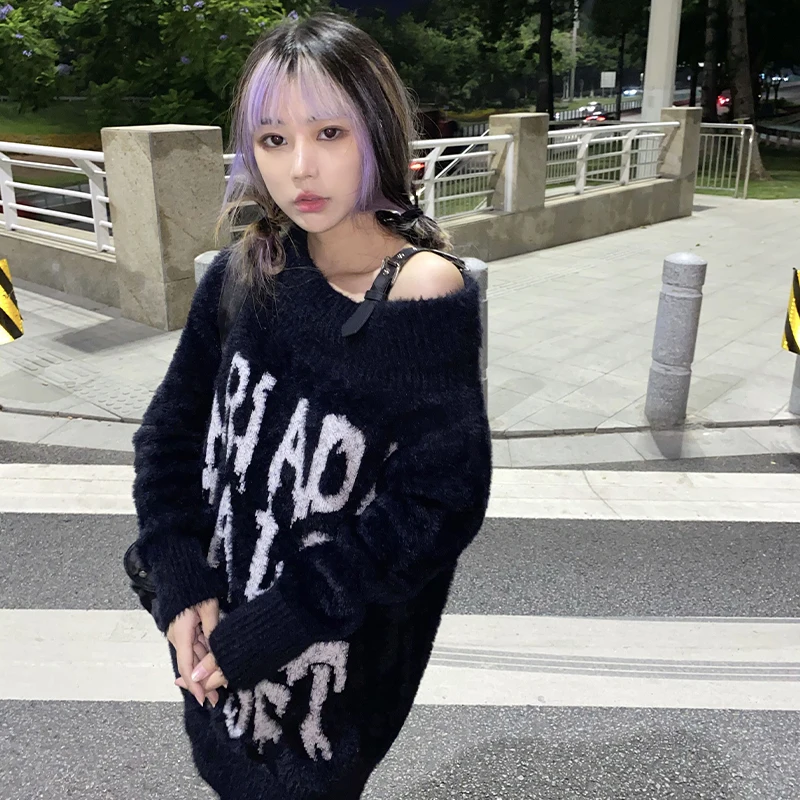 Japanese Harajuku Women Sweater Loose Slash Neck Thick Sweater Letters Black Punk Subculture Gothic Hot Girl Jumpers Sweaters