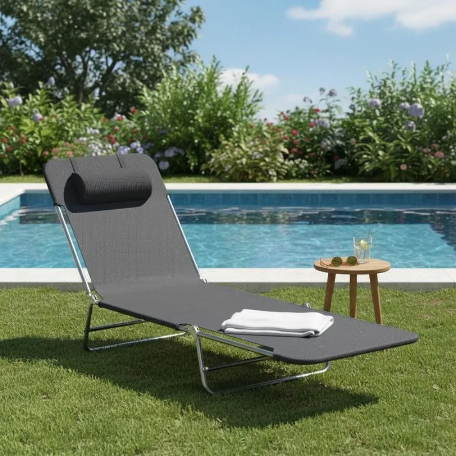 

Outdoor Foldable Sun Lounger, Adjustable Backrest Garden Recliner Sun Lounger Chair with Headrest Pillow, Black