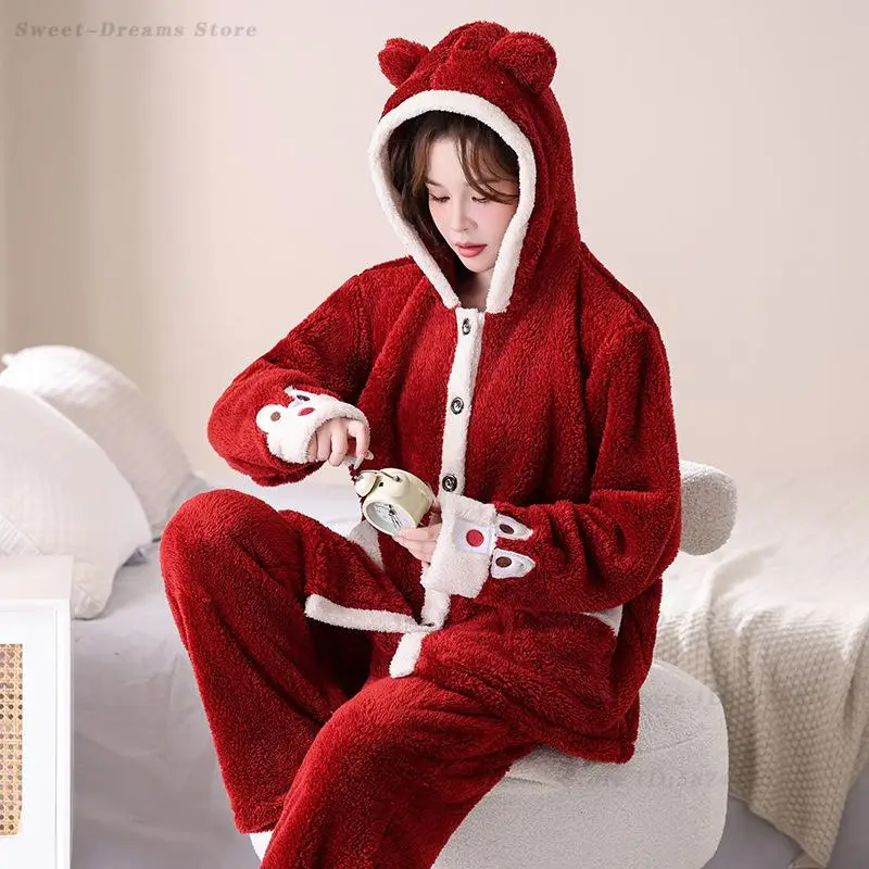 

Plus Size 4XL 5XL Pajamas Set Coral Fleece Sleepwear Women's Sweet Hooded Home Wear Flannel Thickened Warm Nightwear Loungewear