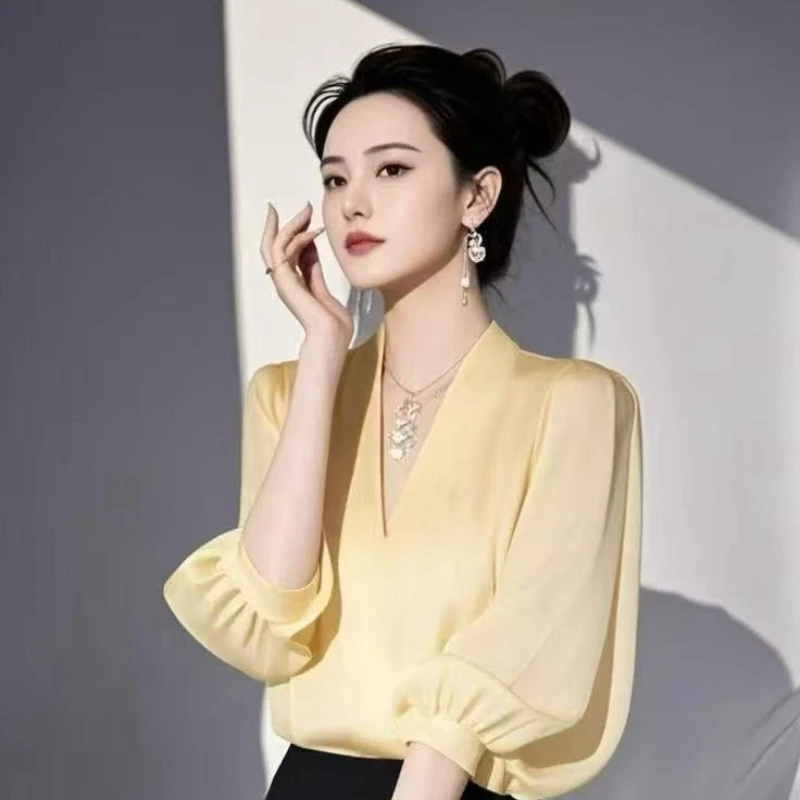 빈티지 여성 블라우스 쉬폰 셔츠 패션 슬림 여름 V넥 한국 의류 반팔 노랑 여성 상의