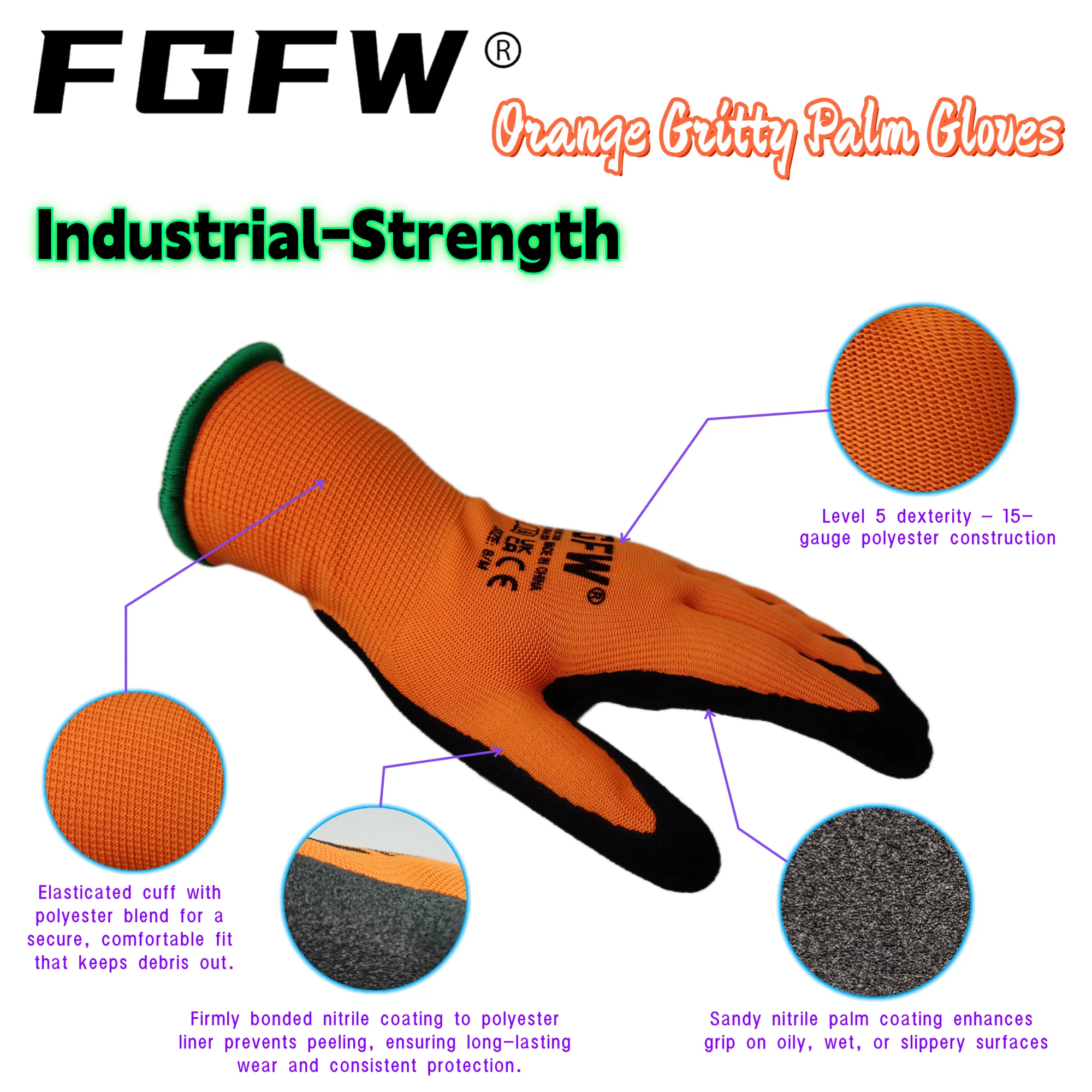 FGFW 10 Pairs Orange Nitrile Sandy Work Gloves EN388 Level 4 Abrasion Resistant Mechanics Gloves for Auto Repair
