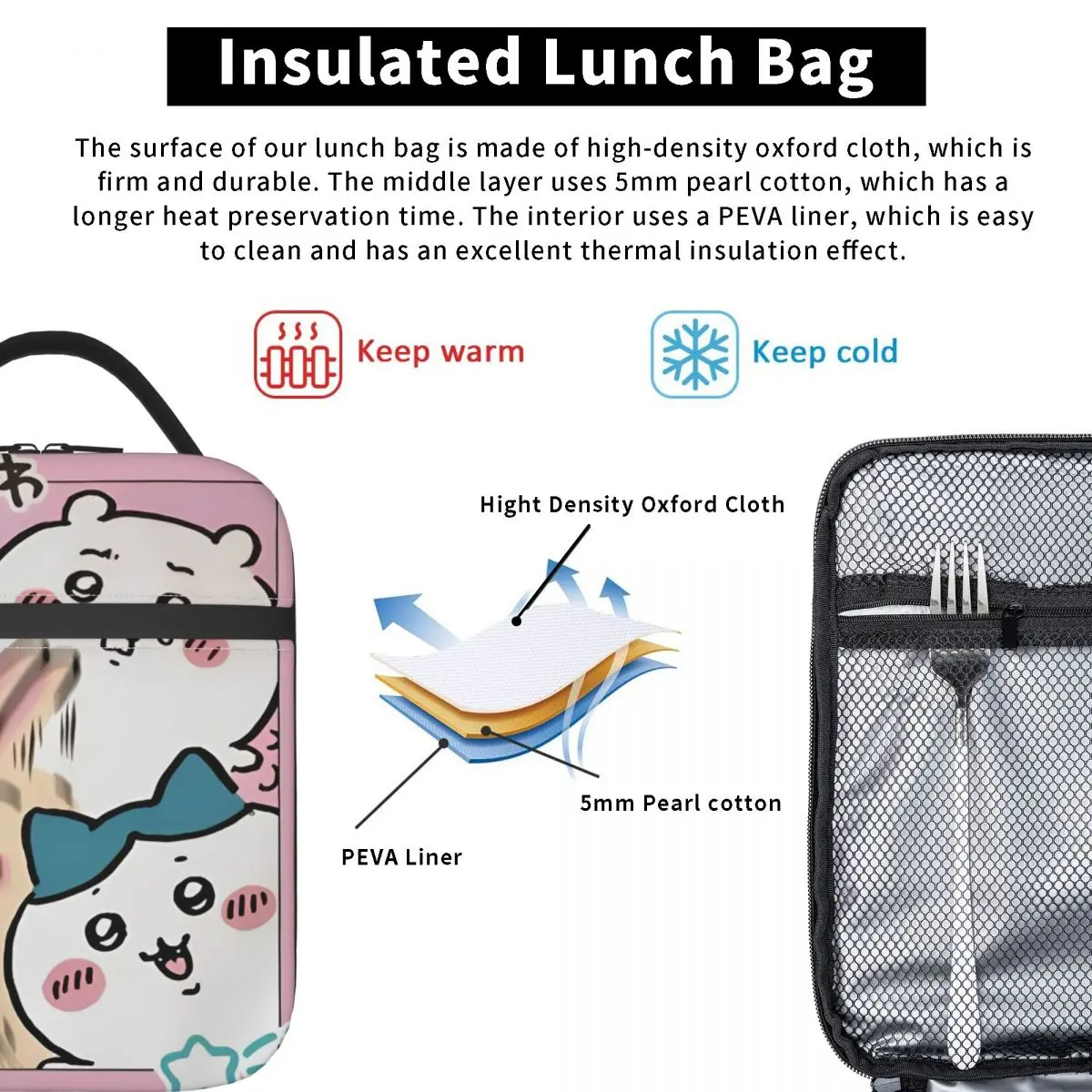 Sac à déjeuner isolé Chiikawa, dessin animé drôle, étanche, réutilisable, fourre-tout, boîte à déjeuner, bureau pique-nique pour hommes et femmes