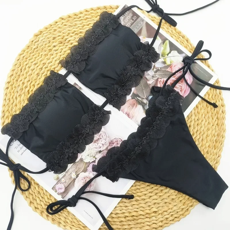 Conjuntos de Bikini 2025, traje de baño brillante, trajes de baño de Color sólido, trajes de playa para mujer, Bikini brasileño, traje de dos piezas triangular