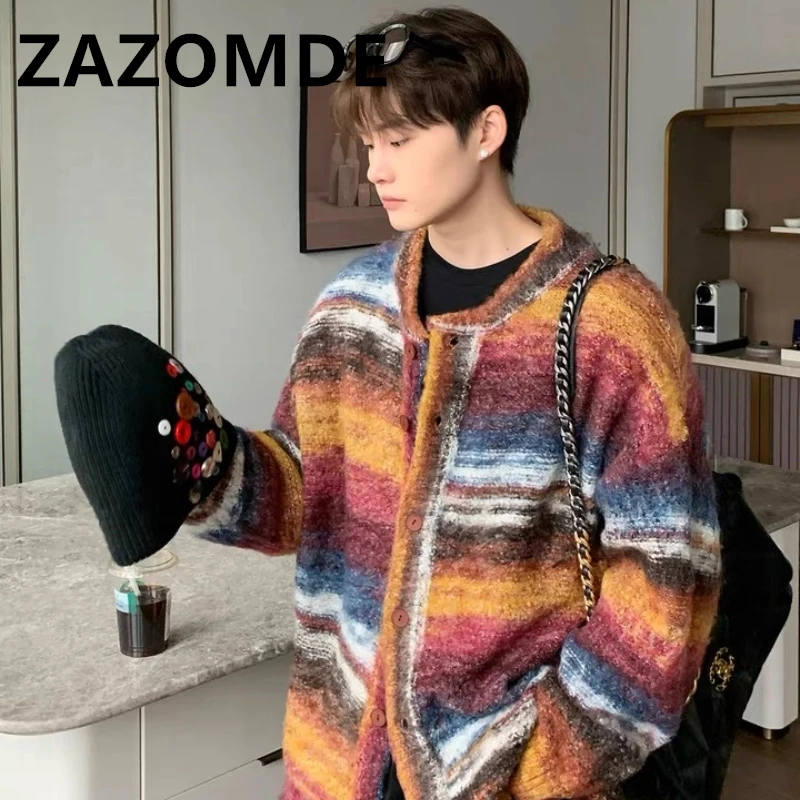 ZAZOMDE Winter Stripe Contrast Color Sweaters Men Autumn Loose Couple Cardigan Sweater Knit Fashion Brand Jumper Casual Clothes