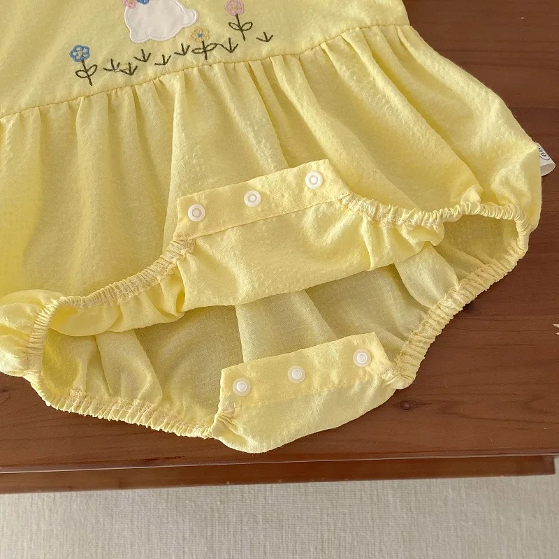 Cute Baby Girl Romper 0-2Years Newborn Princess Short Sleeve Peter Pan Collar Embroidery Rabbit Cotton Bodysuit Summer Clothes