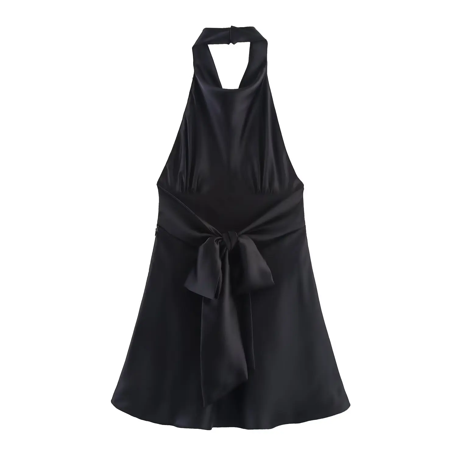 BSAY sleeveless hanging neck collar maid summer new style 2025 fashionable solid color bow tie silk texture dress