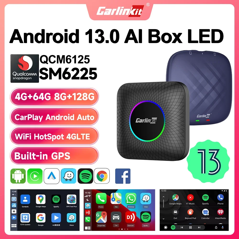 2024 CarlinKit CarPlay AI Box Android 13 SM6225 QCM6125 Adaptador CarPlay inalámbrico automático Android de 8 núcleos WiFi 4GLTE Connect GPS 64G 128G Actualización FOTA para automóviles CarPlay con cable