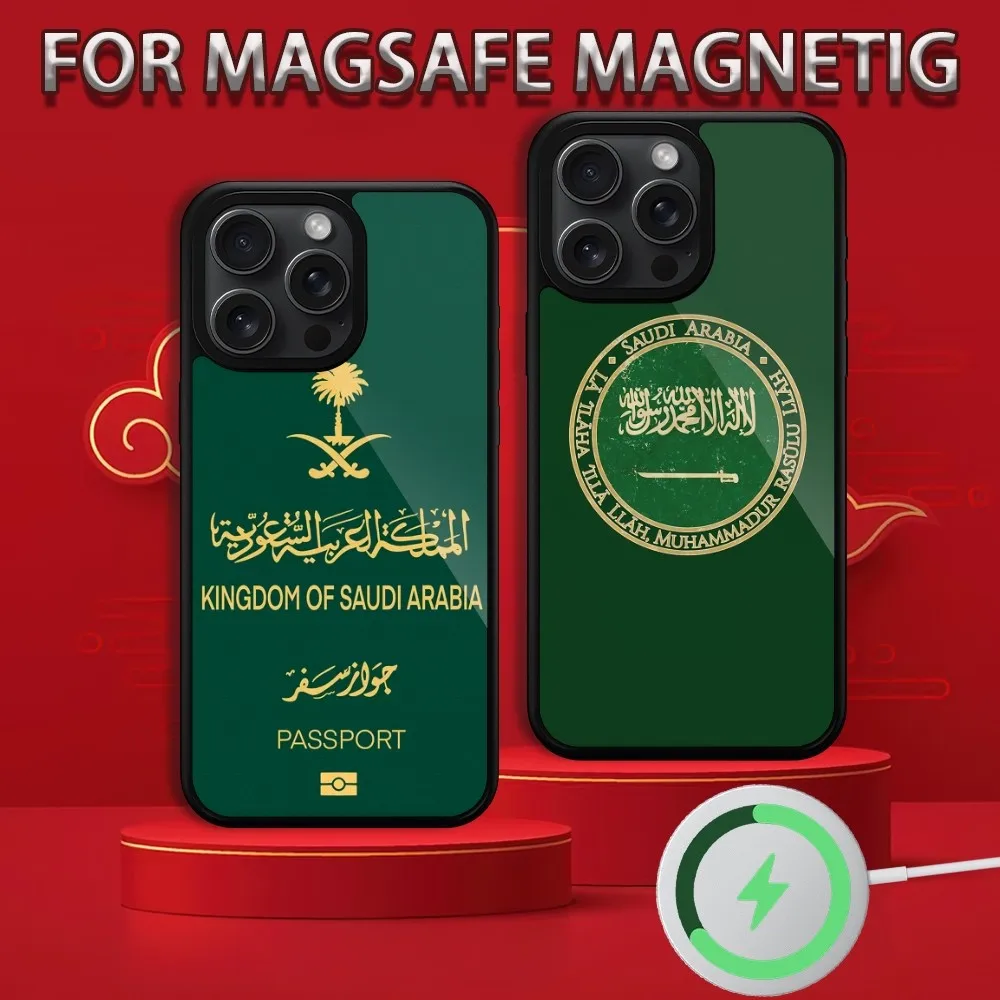 Kingdom Of Saudi Arabia Flag PASSPORT Phone Case For iPhone 15 14 13 12 11 Pro Max Plus Magsafe Magnetic Wireless Charging Cover