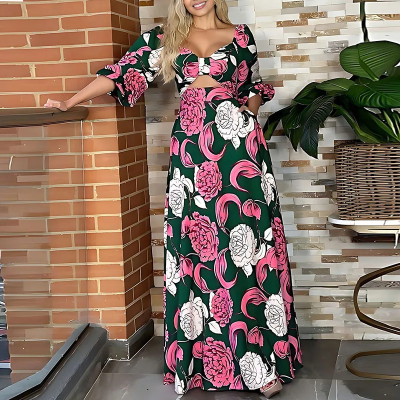 

Elegant Pattern Print High Waist Hollow Dress Summer Square Collar Puff Sleeve Dress New Temperament Vacation A-line Long Dress